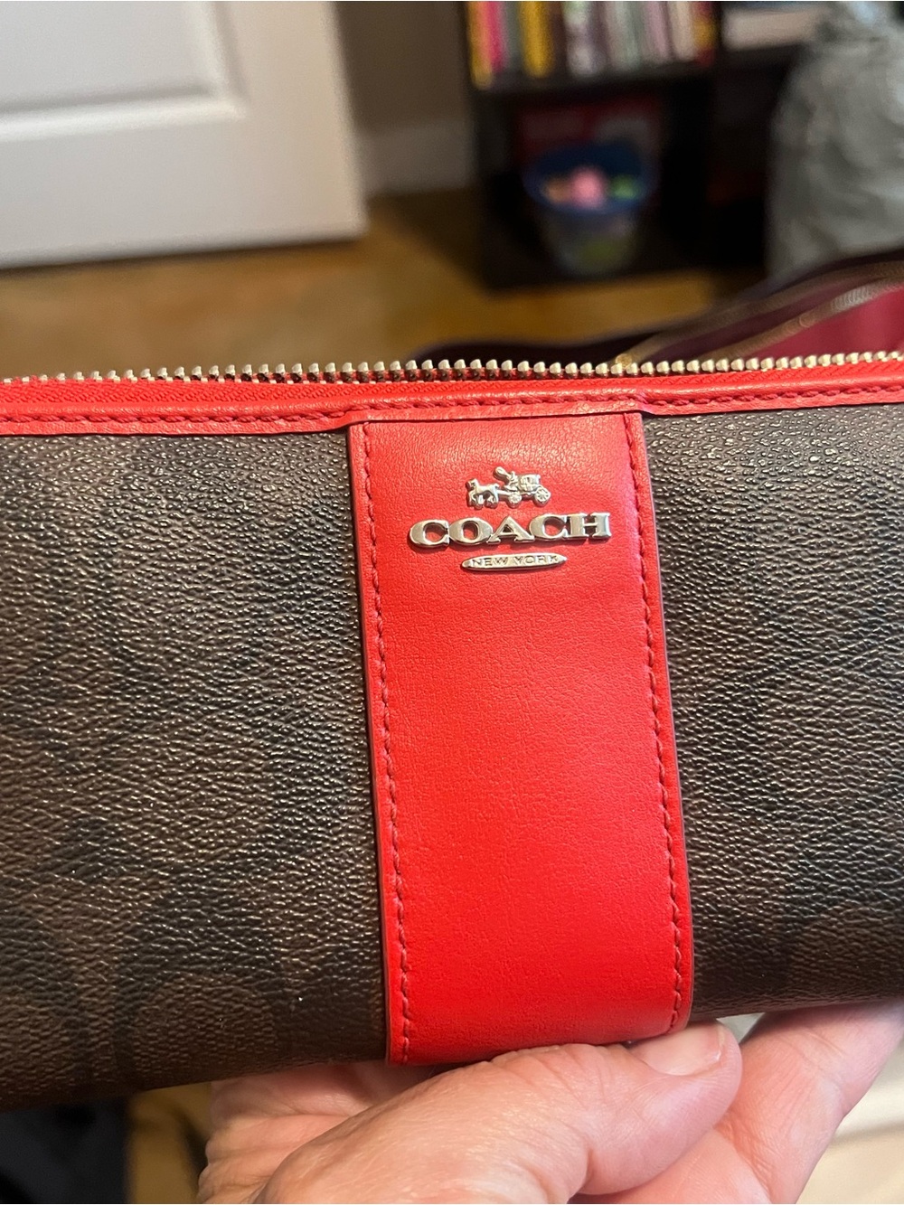 Coach Brown Logo Wallet with Red Leather Trim